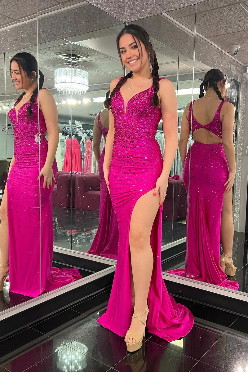 Mermaid V Neck Fuchsia Beaded Long evening gowns Prom Dress with Slit